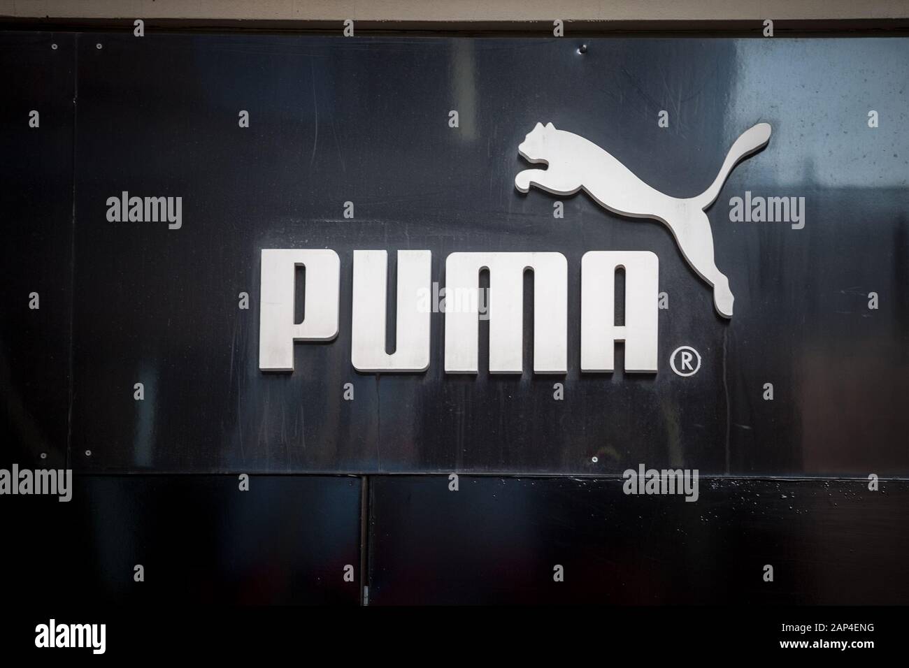 BRNO, CZECHIA - NOVEMBER 4, 2019: Puma logo on their main store for Brno. Puma is a German brand of sports clothing, sportswear and footwear famous fo Stock Photo