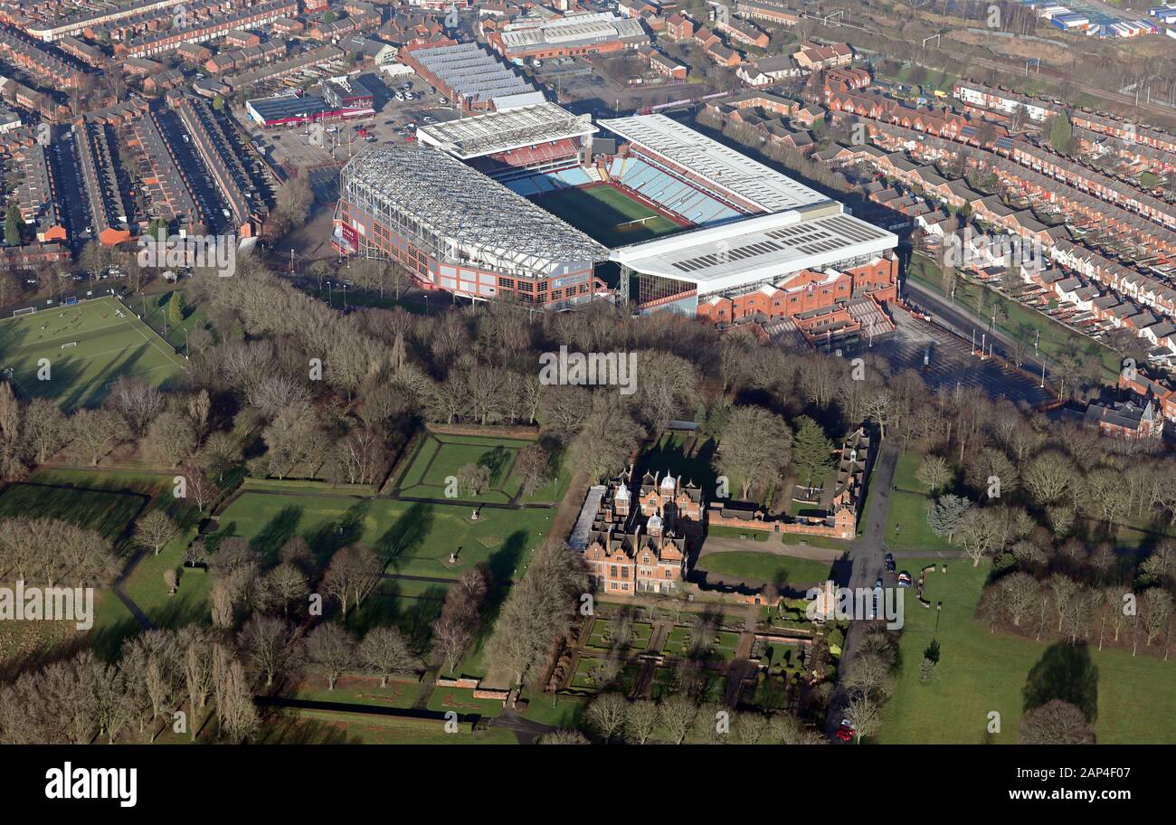 aerial view of Aston Hall in Aston Park and also Villa Park, football ground stadium home of Aston Villa FC, Birmingham Stock Photo