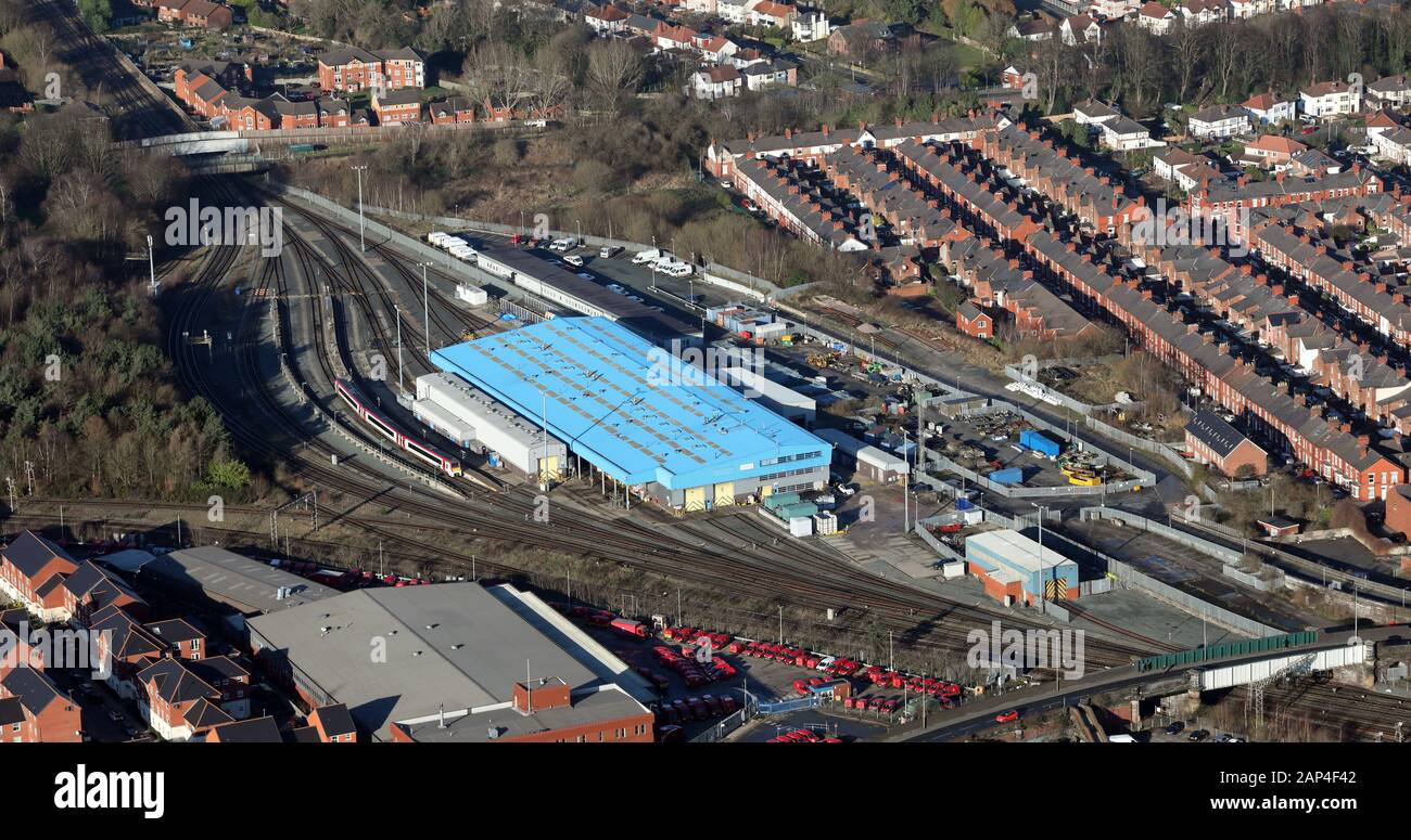 aerial view of the Alstom Train Repairing Centre in Chester, Cheshire Stock Photo