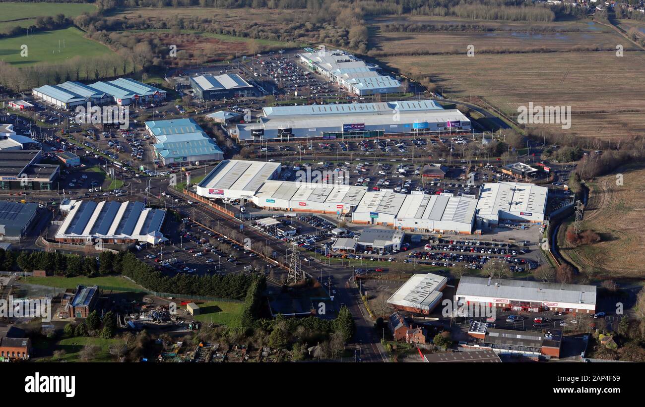 aerial view of Chester Retail Park (foreground) & Greyhound Retail Park (further back), Chester, Cheshire, Stock Photo