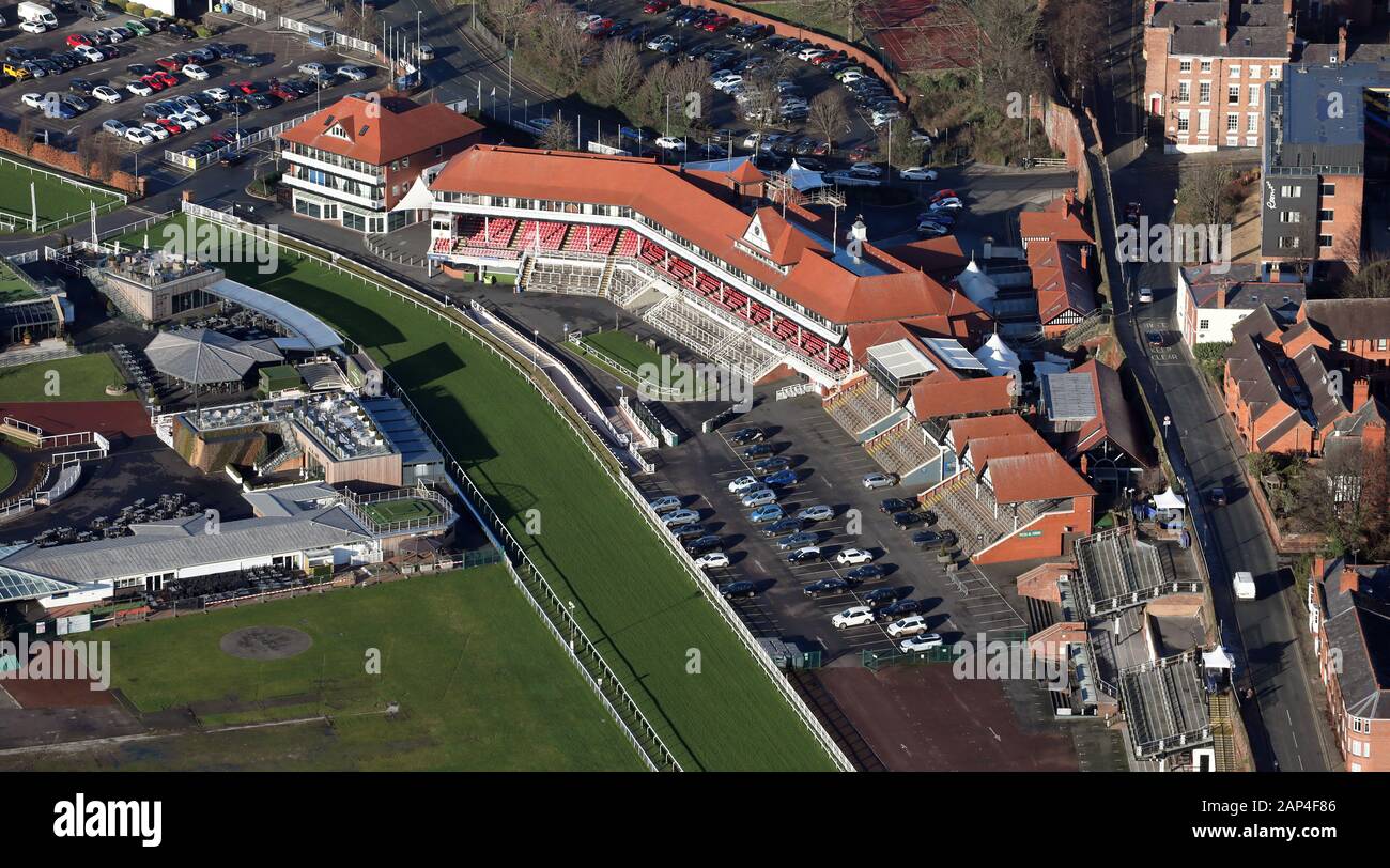 aerial view of the stands, paddock & parade ring of Chester Racecourse, UK Stock Photo