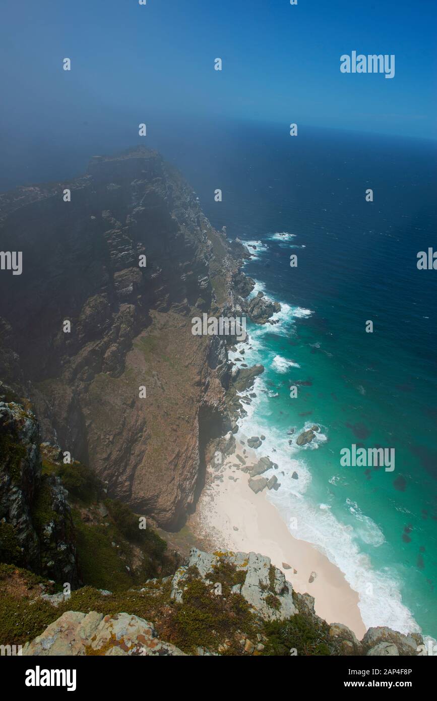 The Cape Point national Park, includes Cape of Good Hope , and views and historical light houses plus baboons!!!Most south west point in Africa. Stock Photo