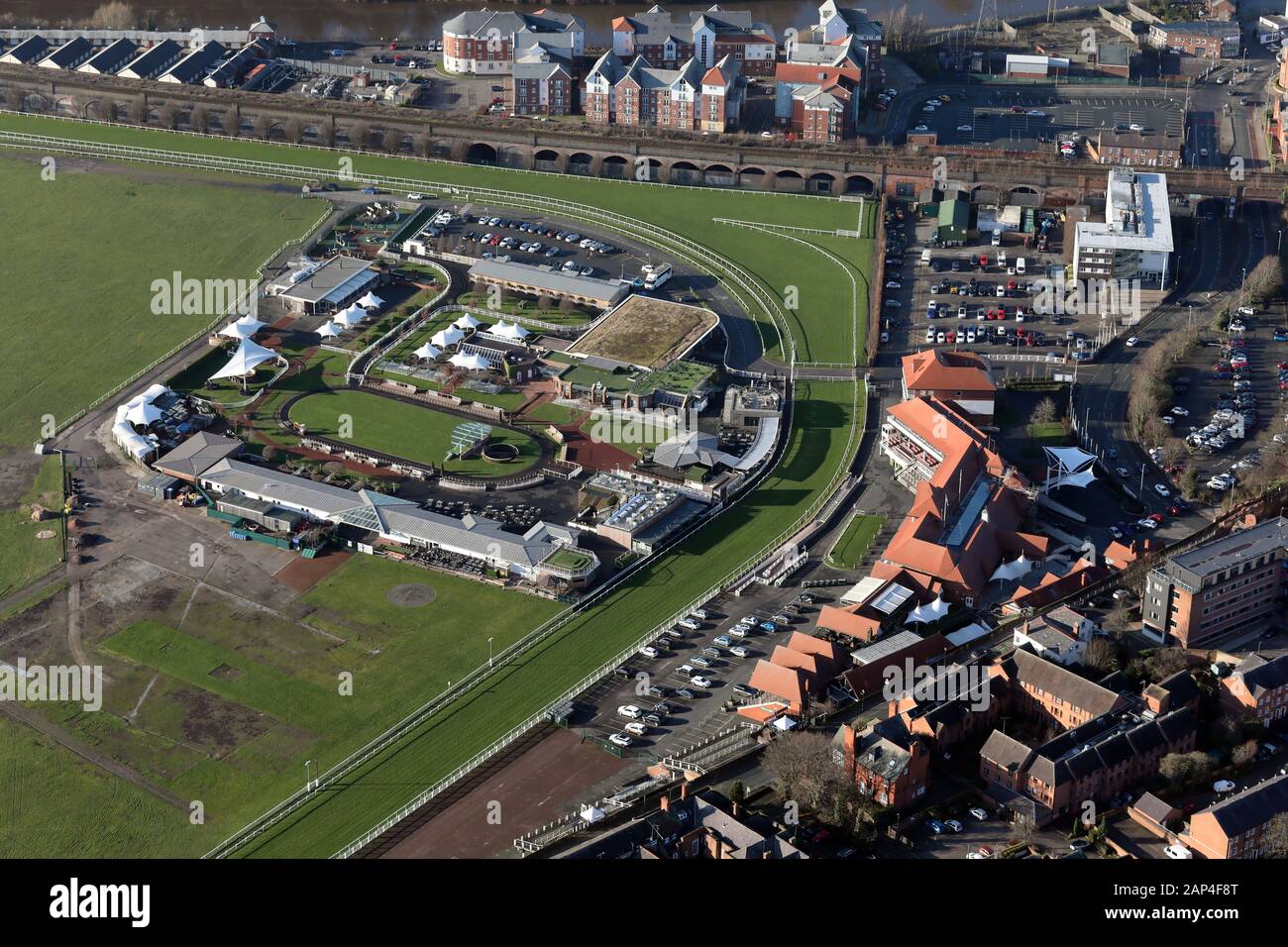 aerial view of the stands, paddock & parade ring of Chester Racecourse, UK Stock Photo