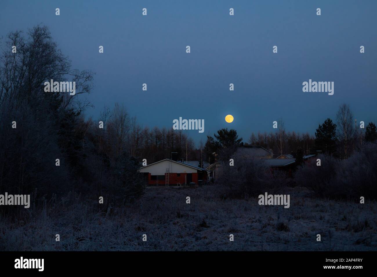 Rural landscape with old house and full moon Stock Photo - Alamy