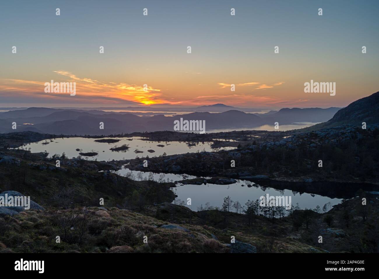 Sunset with calm water and mountain ridge Stock Photo - Alamy