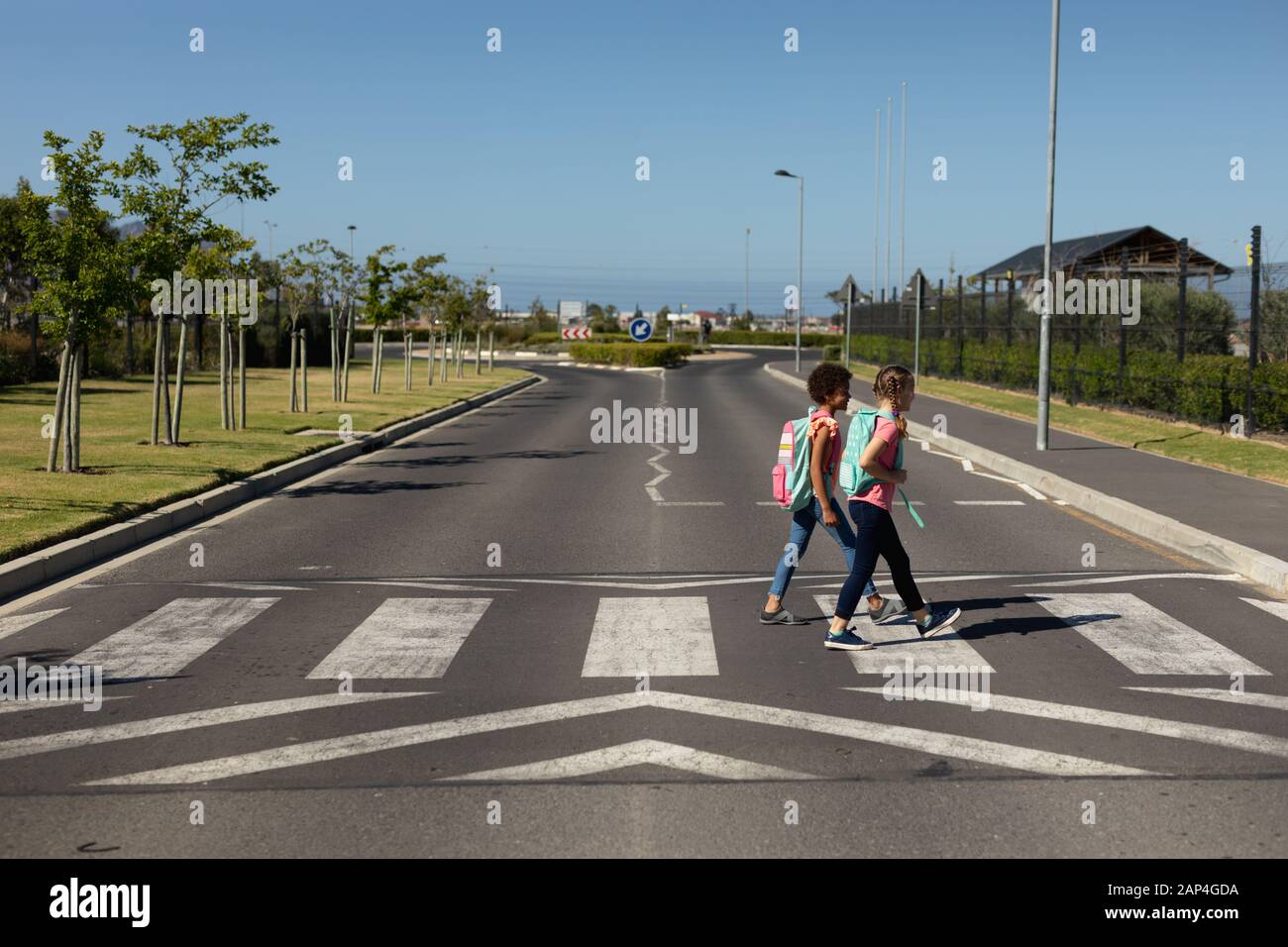 Schoolgirls crossing the road on a pedestrian crossing Stock Photo - Alamy
