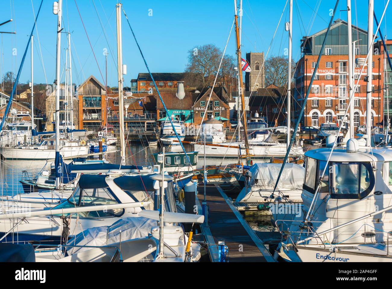 Ipswich waterfront, view across the marina towards bars and residential property along Wherry Quay in the Ipswich waterfront area, Suffolk, UK. Stock Photo