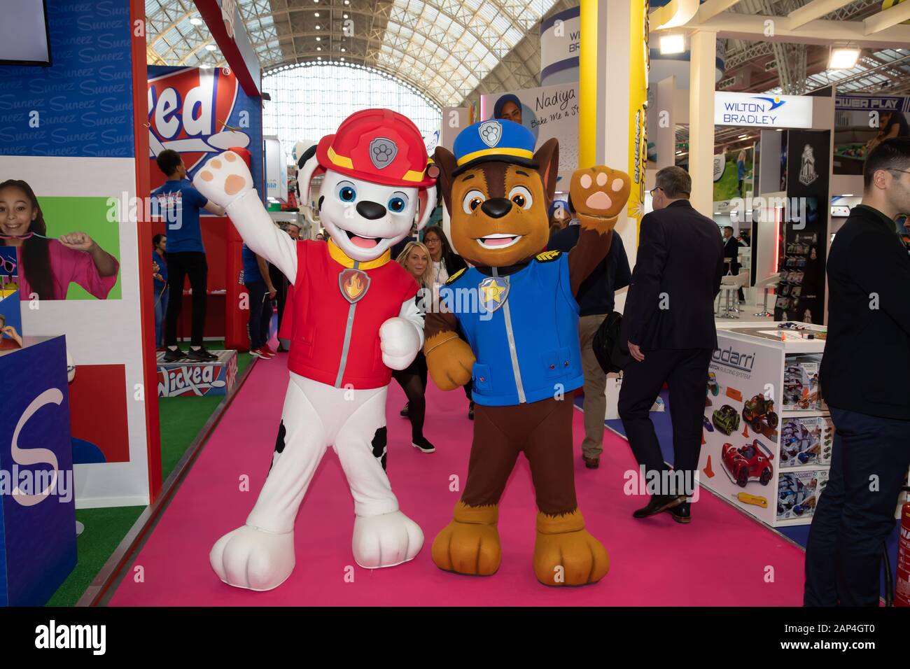 London, UK, 21st Jan, 2020.Paw Patrol characters attend The TOYFAIR which  opens at Olympia in Kensington, London and is open daily until the 23rd  January 2019. The Toy Fair is the UK's