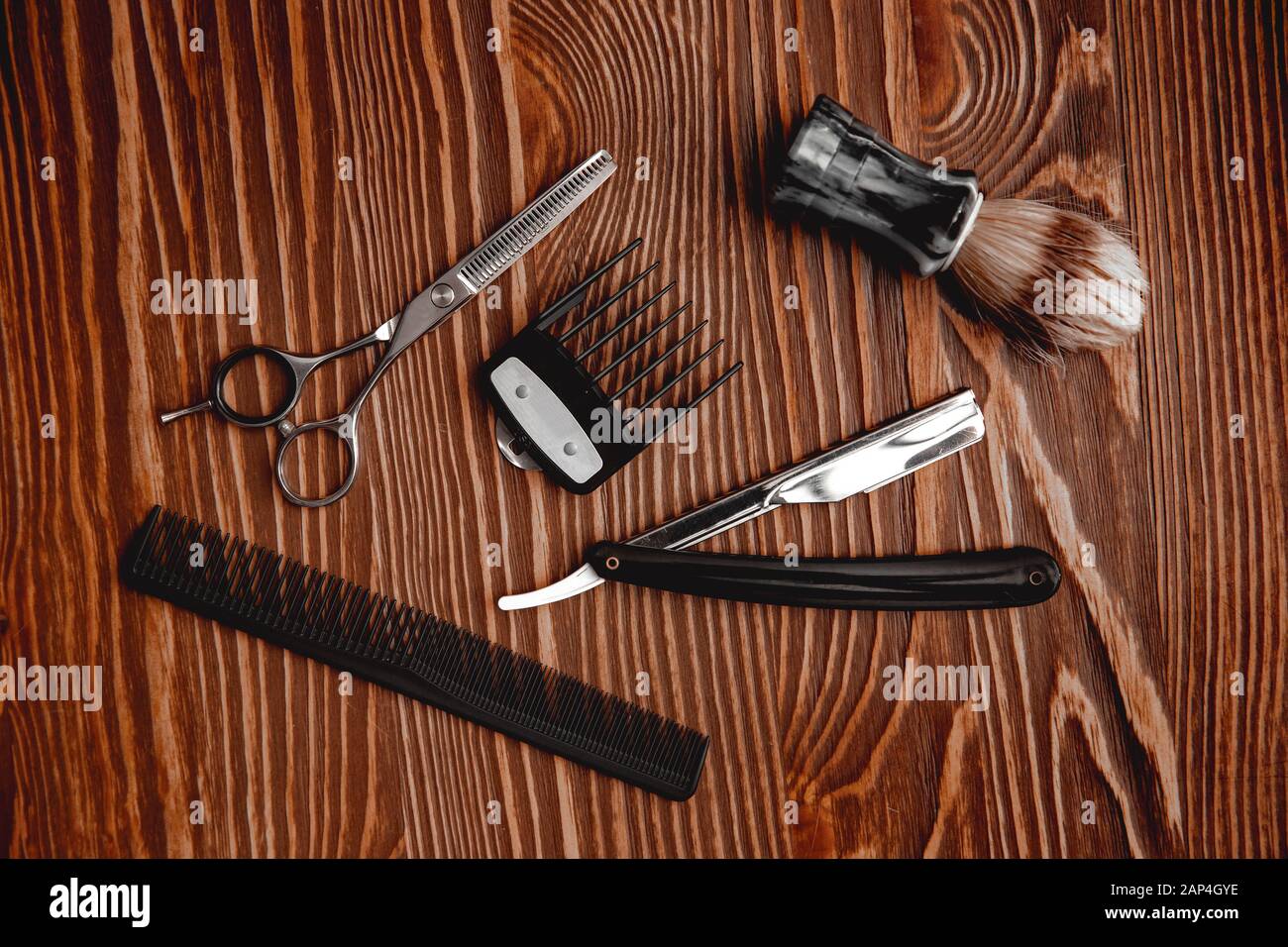 Barbershop background for men beauty salon, hairdresser tools scissors,  razor, comb, copy space Stock Photo - Alamy