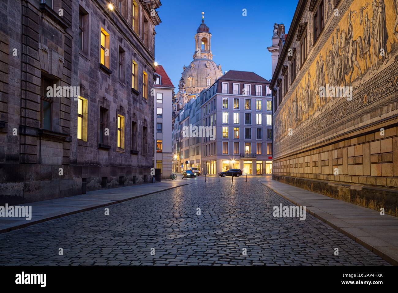 Dresden, Germany. Image of Dresden, Germany with the Dresden Frauenkirche during twilight blue hour. Stock Photo