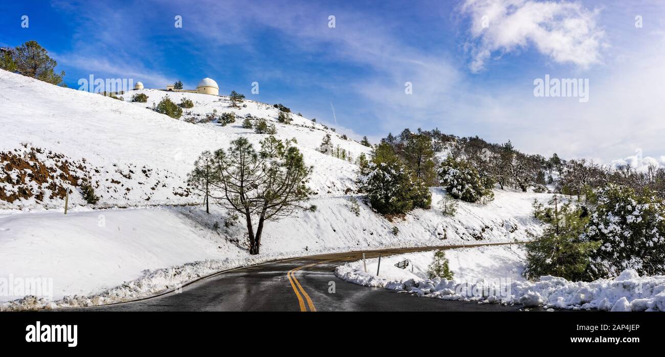 Snowy winter day on top of Mount Hamilton, in the Diablo mountain range; South San Francisco Bay Area, California Stock Photo