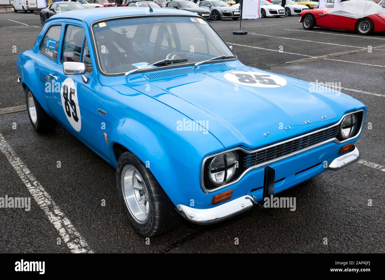 Three-quarters front view of an Blue, Mk1 Ford Escort RS2000 on display in the Car Club Zone, of the  the 2019 Silverstone Classic Stock Photo