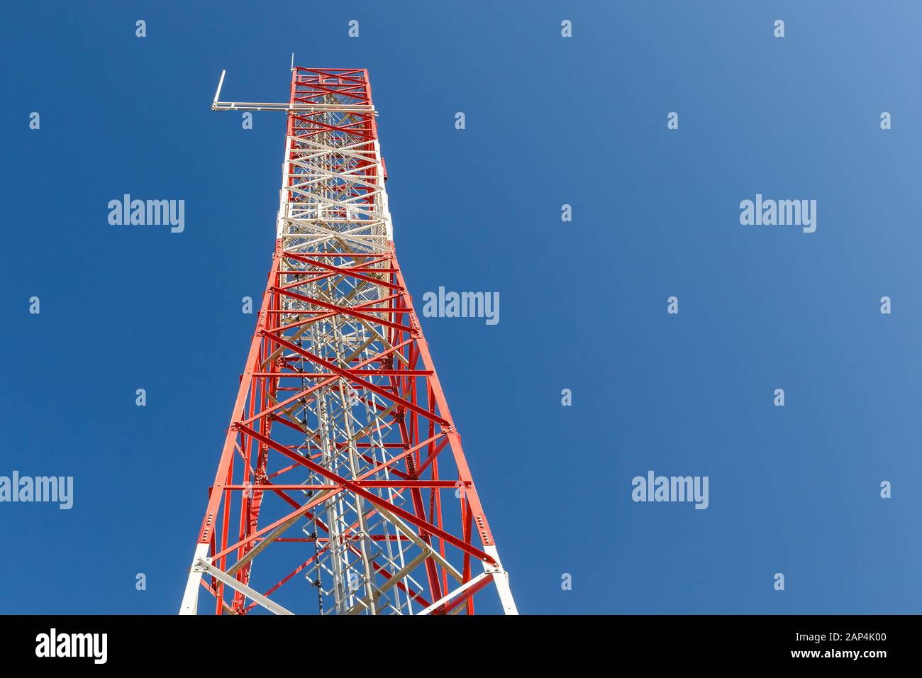 Antenna of Communication Building, radio tower, bottom view, Red metal