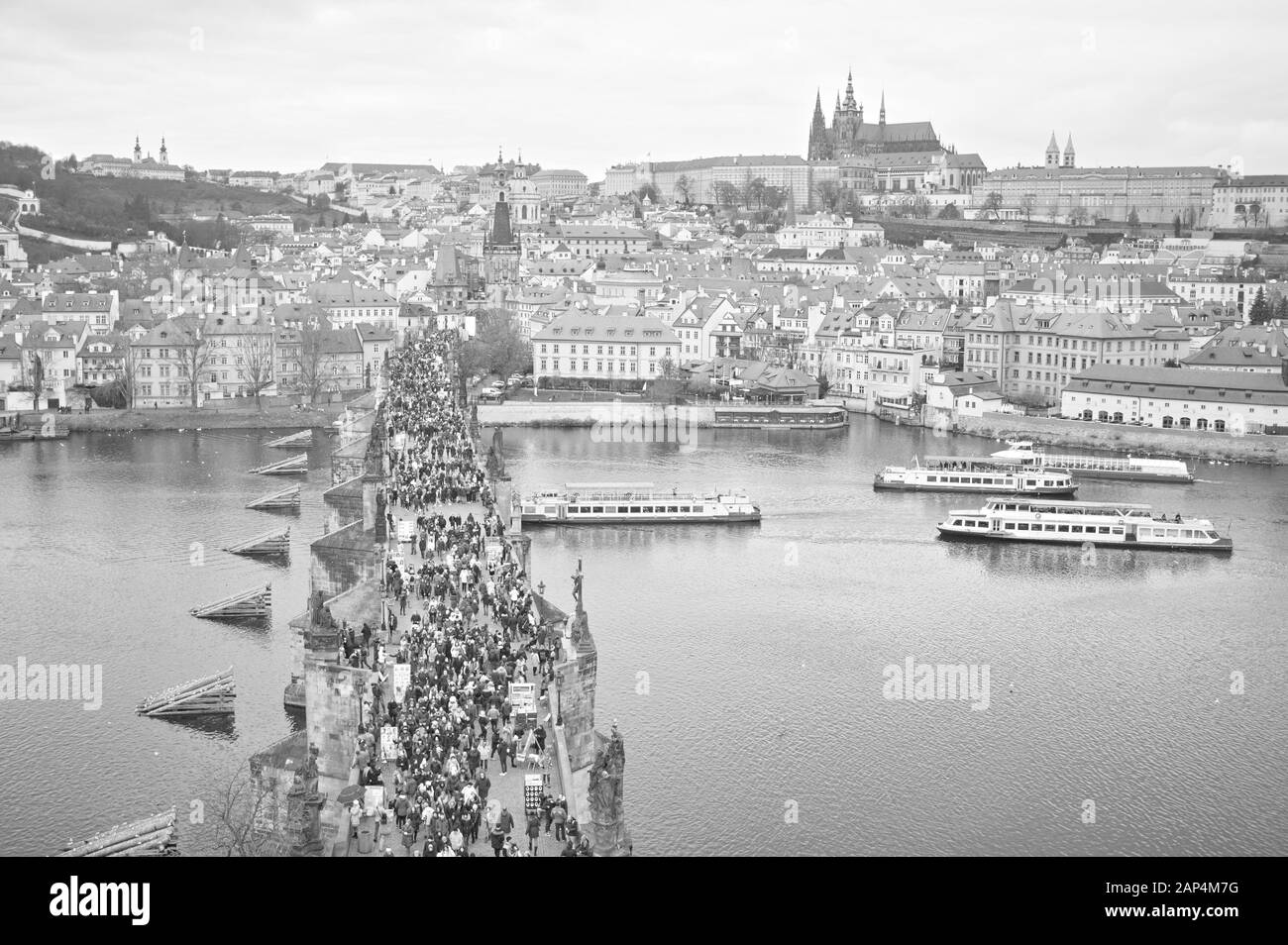 Prague, Czech Republic - 27 December 2019: panoramic view of the Charles Bridge, the Vltava River and the Castle of Prague from the tower Stock Photo