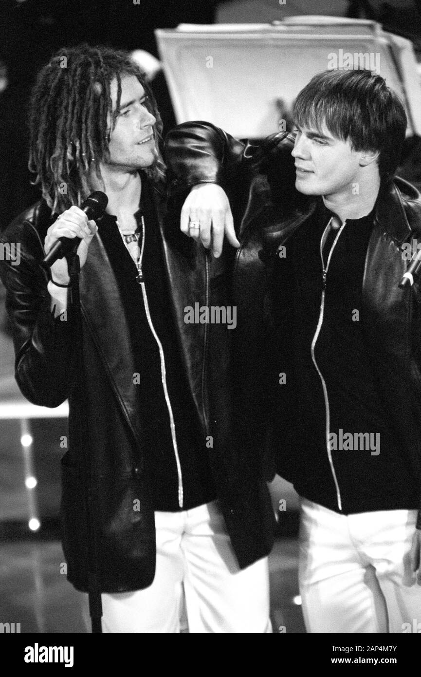 Sanremo Italy 22/02/1996,Take That, guests of the Sanremo Festival 1996 : Mark Owen ,Howard Donald, Gary Barlow and Jason Orange  during the performance Stock Photo
