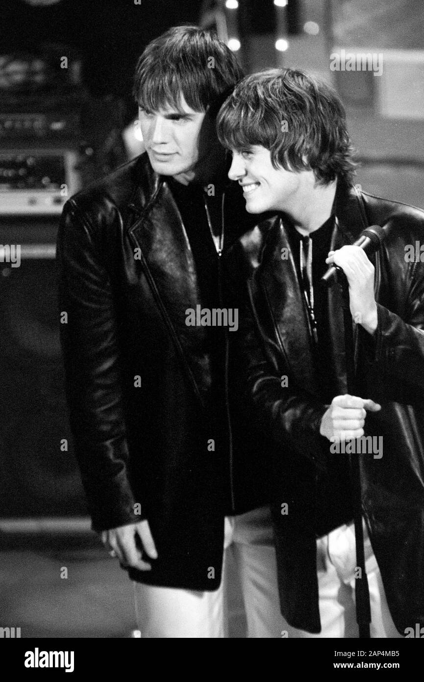 Sanremo Italy 22/02/1996,Take That, guests of the Sanremo Festival 1996 : Gary Barlow and Mark Owen during the performance Stock Photo