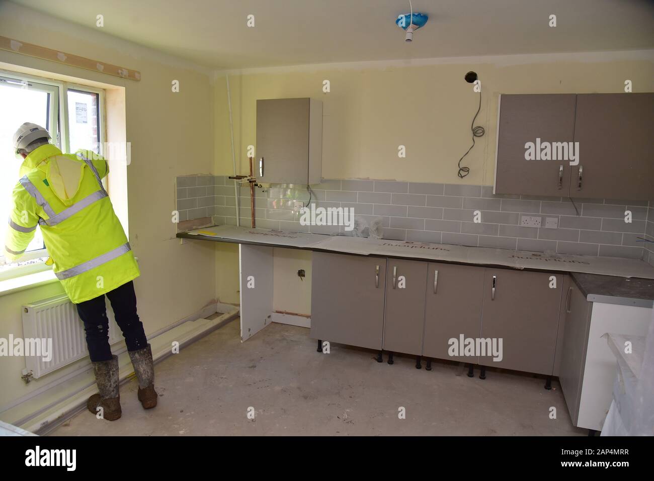 Pictures show a building, construction site of new social housing in Cardiff, South Wales under