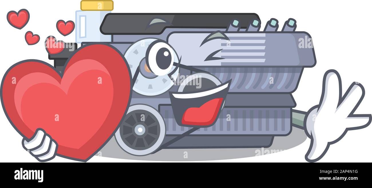 Funny Face combustion engine cartoon character holding a heart Stock ...