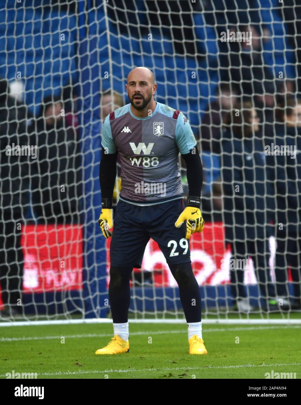Pepe Reina of Aston Villa warms up before the Premier League match between Brighton and Hove Albion and Aston Villa at The Amex Stadium Brighton, UK - 18th January 2020 - Editorial use only. No merchandising. For Football images FA and Premier League restrictions apply inc. no internet/mobile usage without FAPL license - for details contact Football Dataco Stock Photo