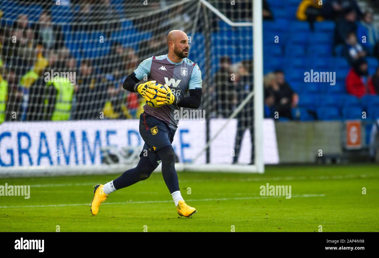 Pepe Reina of Aston Villa warms up before the Premier League match between Brighton and Hove Albion and Aston Villa at The Amex Stadium Brighton, UK - 18th January 2020 - Editorial use only. No merchandising. For Football images FA and Premier League restrictions apply inc. no internet/mobile usage without FAPL license - for details contact Football Dataco Stock Photo