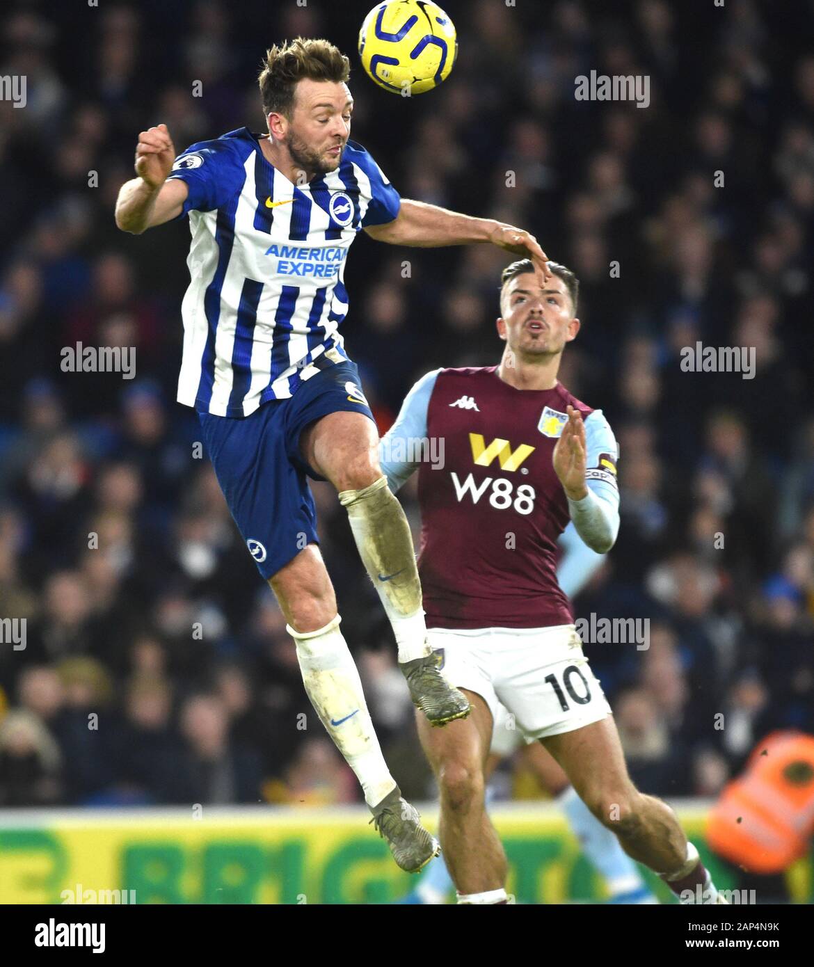 Dale Stephens of Brighton wins a header during the Premier League match between Brighton and Hove Albion and Aston Villa at The Amex Stadium Brighton, UK - 18th January 2020 - Editorial use only. No merchandising. For Football images FA and Premier League restrictions apply inc. no internet/mobile usage without FAPL license - for details contact Football Dataco Stock Photo