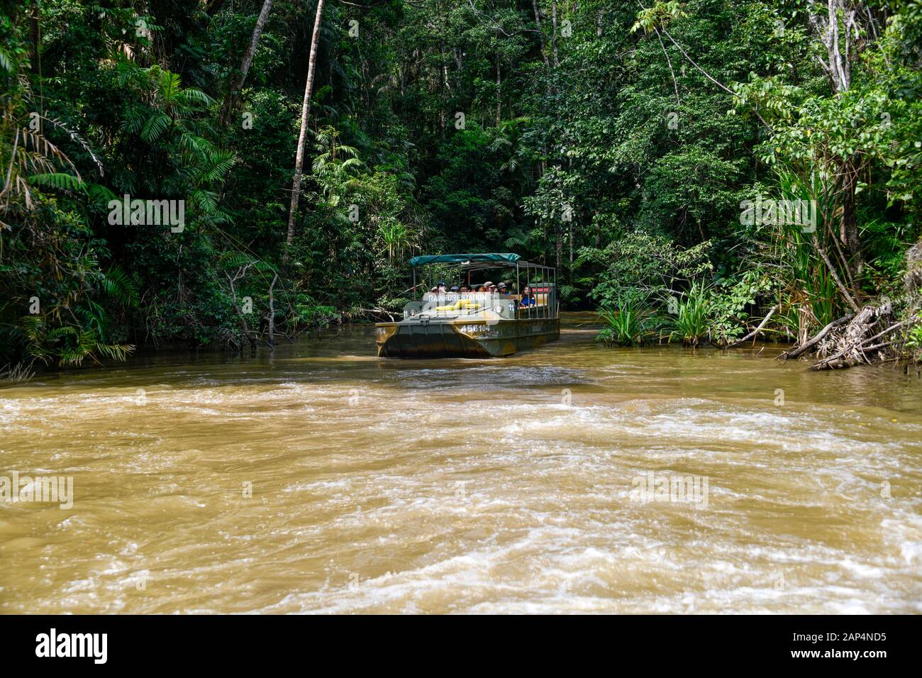 GMC Chevrolet DUKW six-wheel-drive amphibious vehicle on water with tourists in rainforest Stock Photo