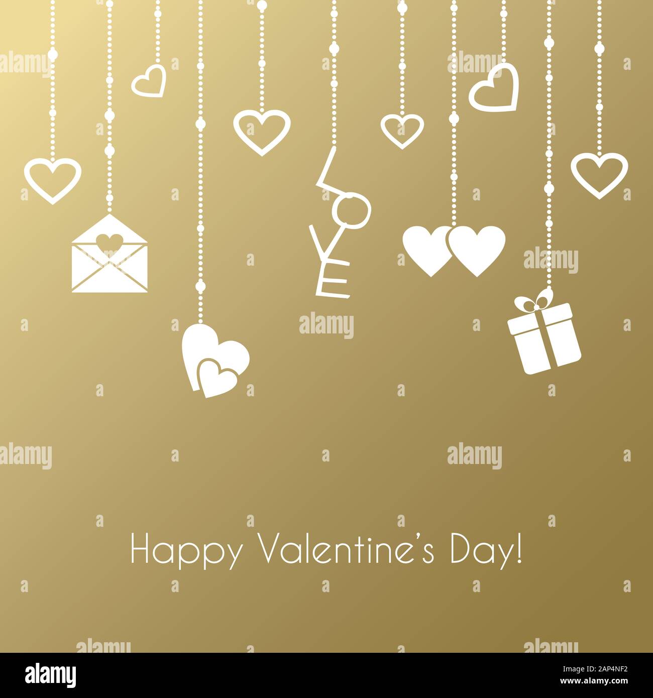 Greeting card for Valentines Day with hanging gifts on a gold ...