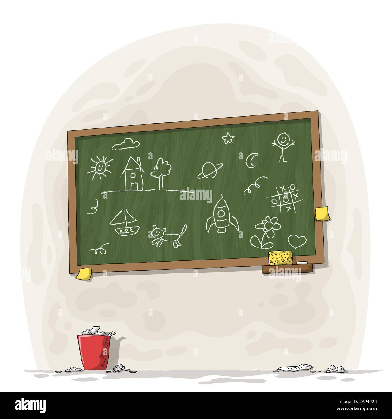 Painted blackboard with chalk, sponge and trash can. Hand drawn vector illustration with separate layers. Stock Vector