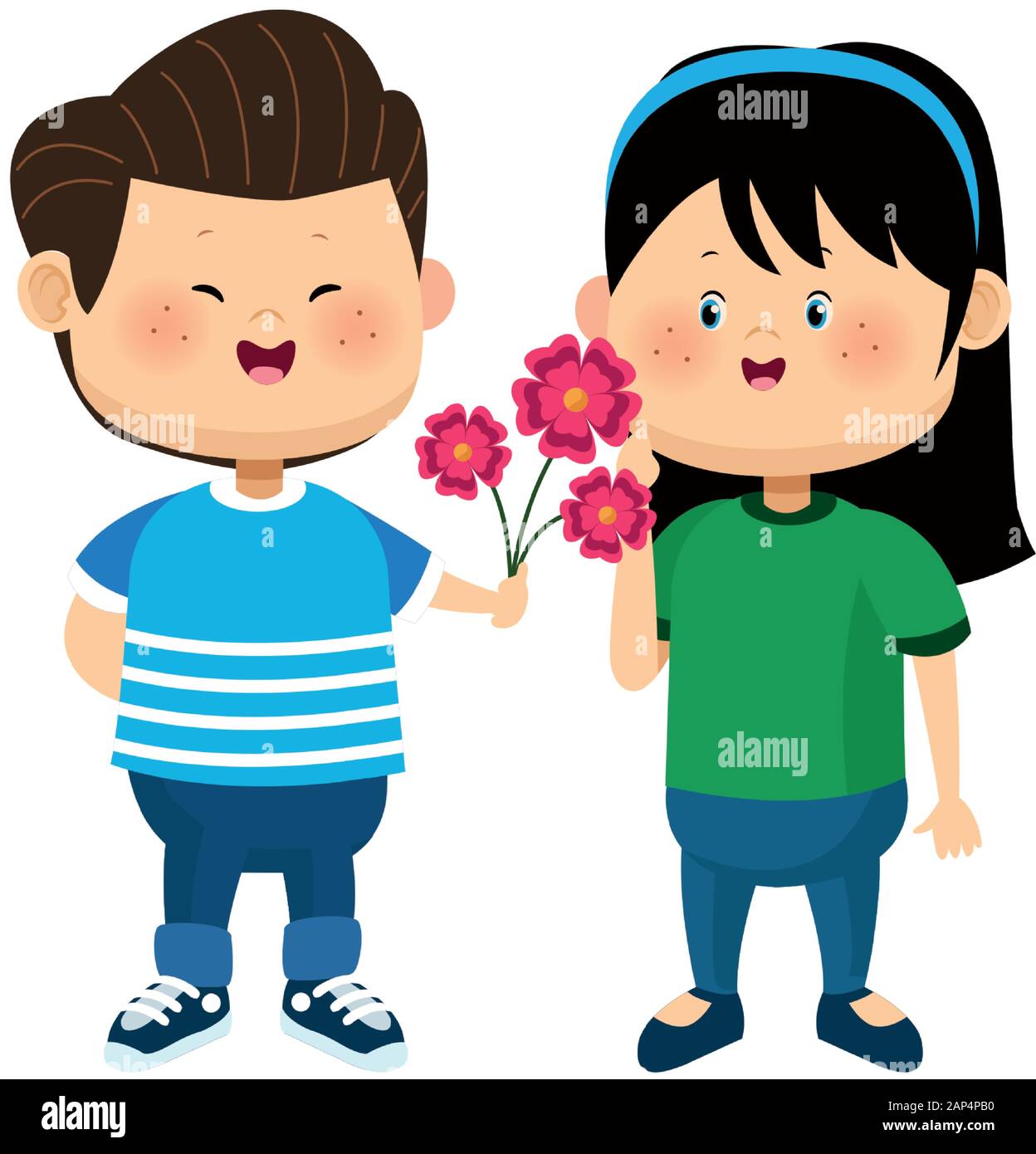 happy boy giving flowers a girl, colorful design Stock Vector Image