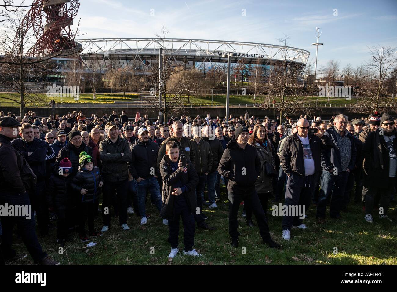 Angry West ham United football fans protest  against West Ham co-owners David Sullivan and David Gold outside the West Ham Olympic Stadium, Stratford. Stock Photo