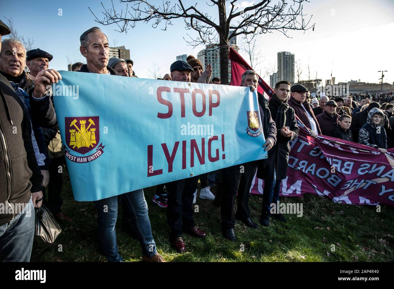 Baron Stjerne Pasture Angry West ham United football fans protest against West Ham co-owners  David Sullivan and David Gold outside the West Ham Olympic Stadium,  Stratford Stock Photo - Alamy