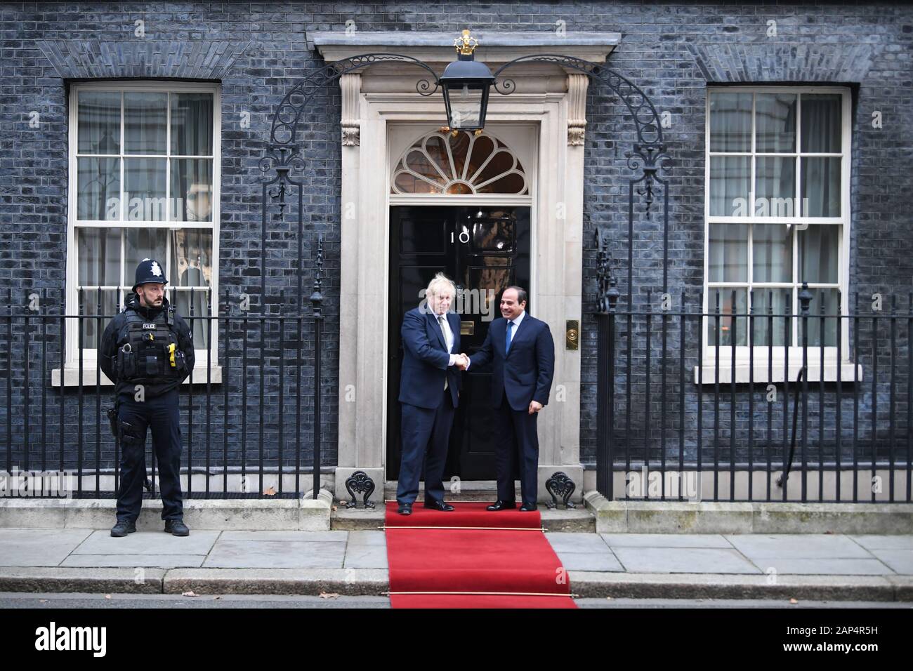 Prime Minister Boris Johnson welcomes Egyptian President Abdel Fattah el-Sisi to 10 Downing Street, London, ahead of a bilateral meeting. Stock Photo