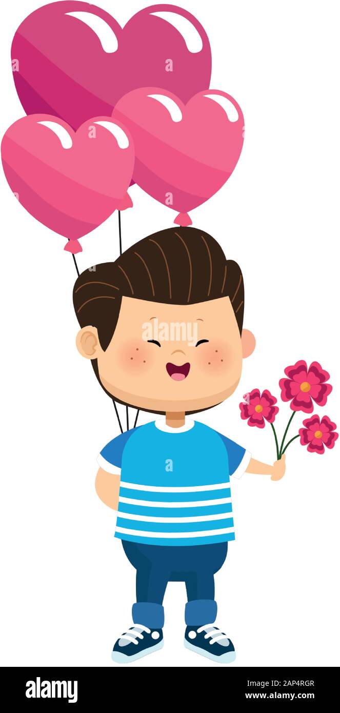 cartoon boy with heart balloons and beautiful flowers, colorful design ...