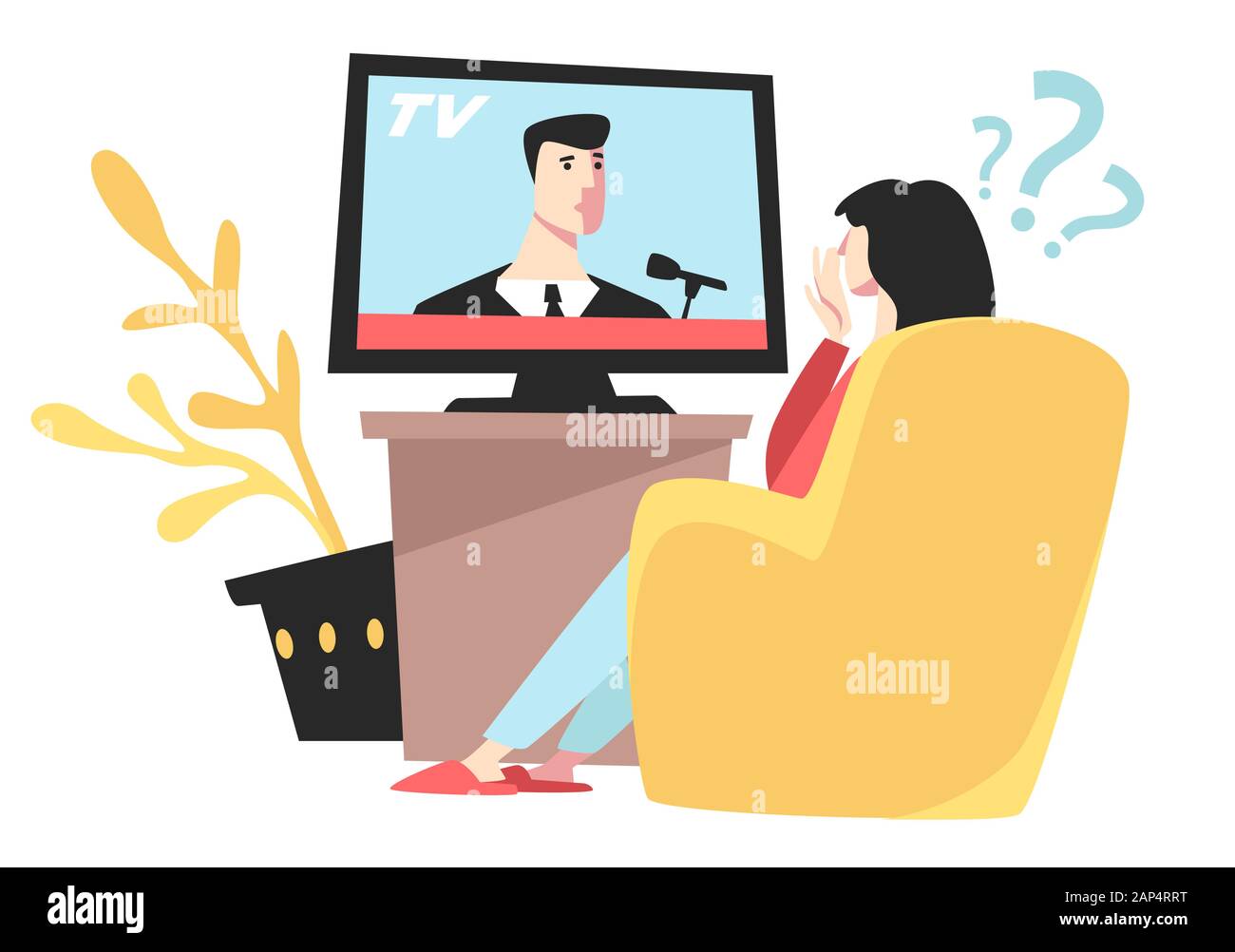 Girl watching TV news in stress, woman in armchair Stock Vector