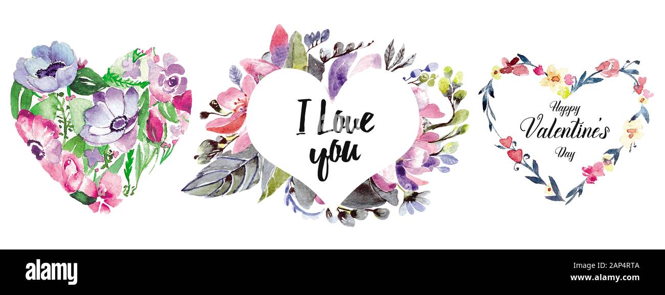 Watercolor floral hearts set collection on white background. Watercolor ...