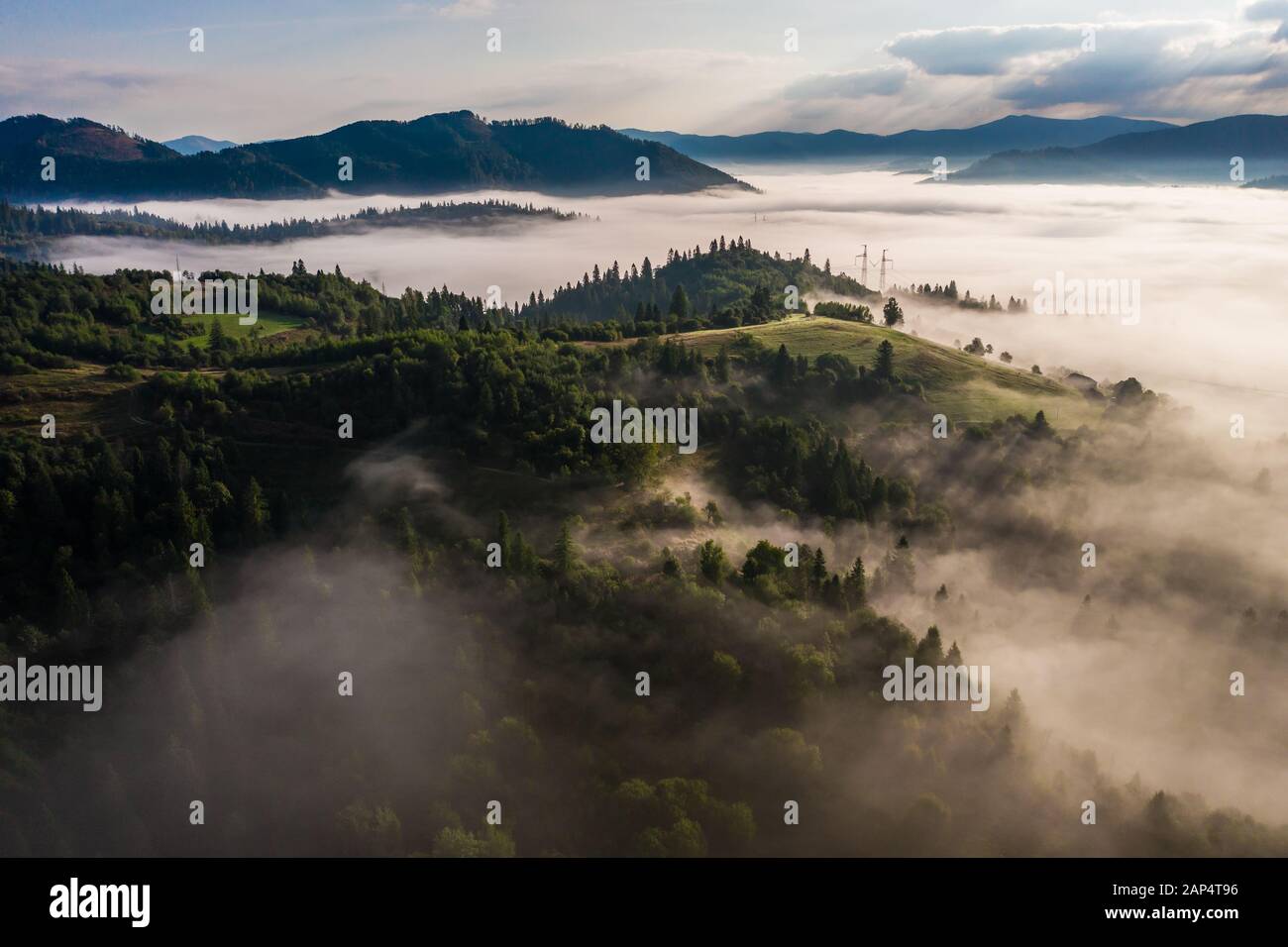 Aerial view of colorful mixed forest shrouded in morning fog on a ...
