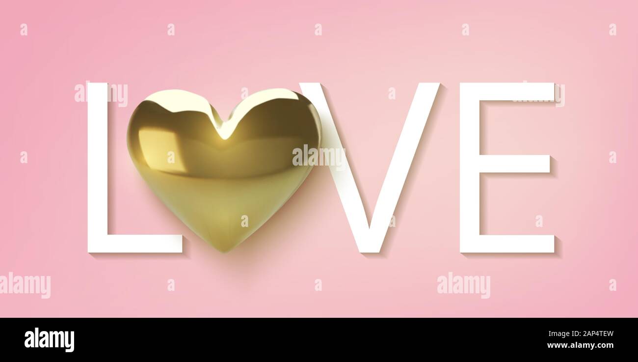Happy Valentines Day greeting card. Realistic 3d gold metallic hearts ...