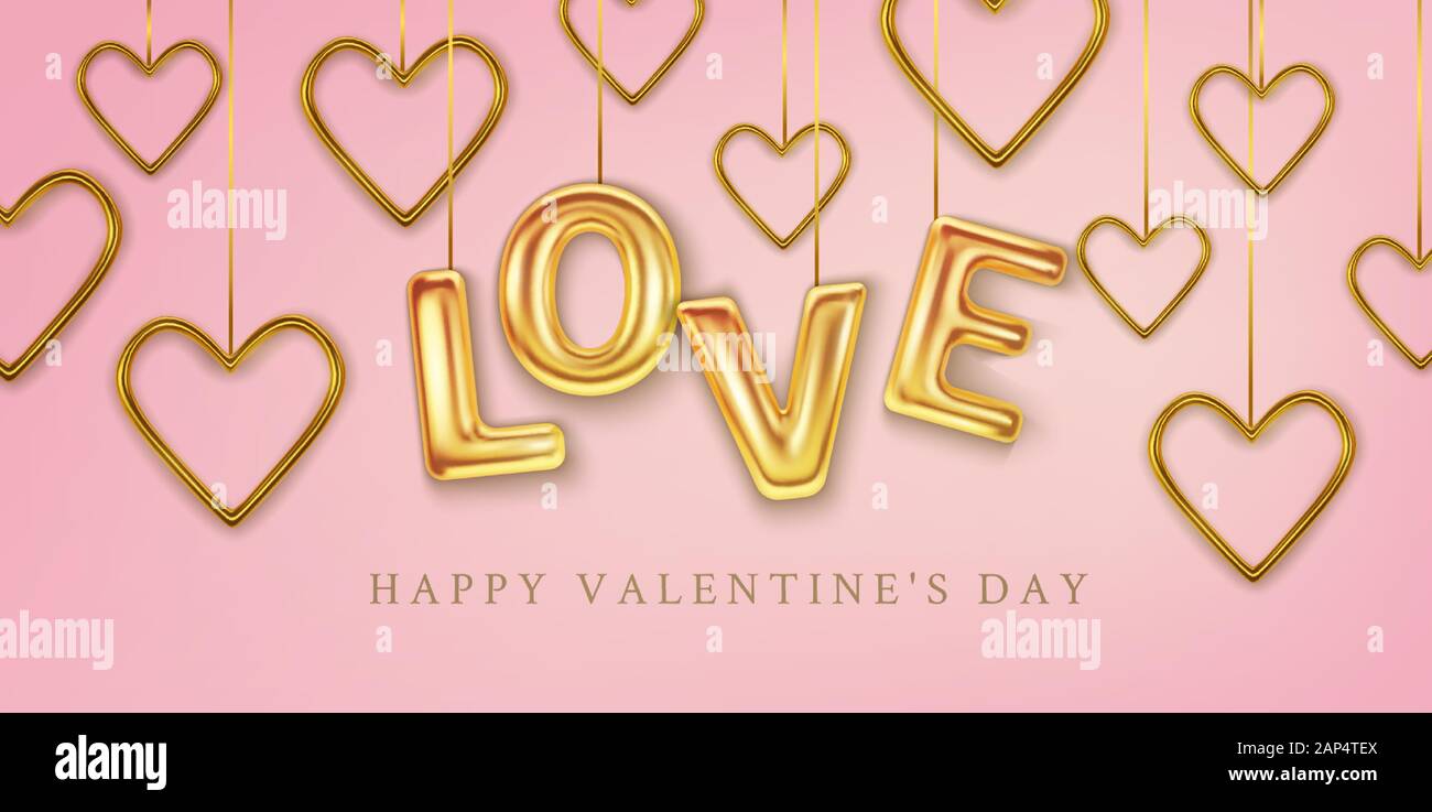 Happy Valentines Day greeting card. Realistic gold 3d hearts on pink ...