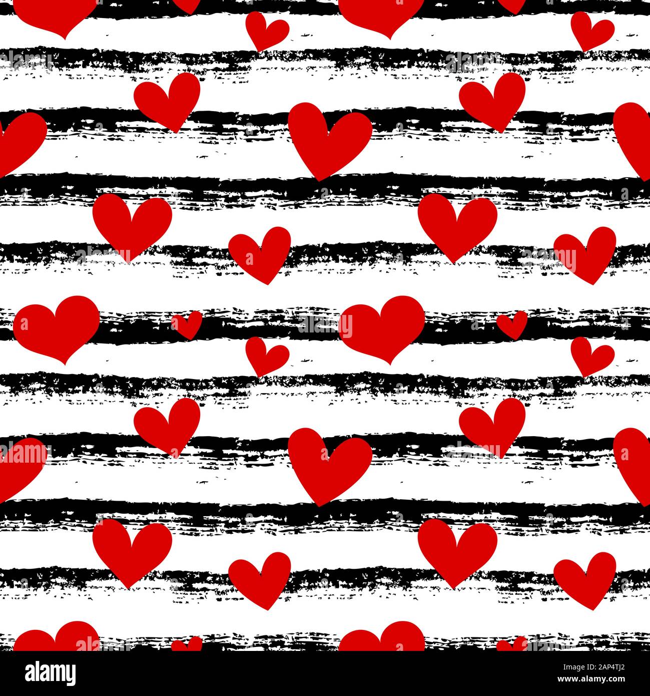 Seamless pattern with hearts and hand drawn stripes. Black and white striped background and red hearts. Modern bright print for love, wedding, Valenti Stock Vector