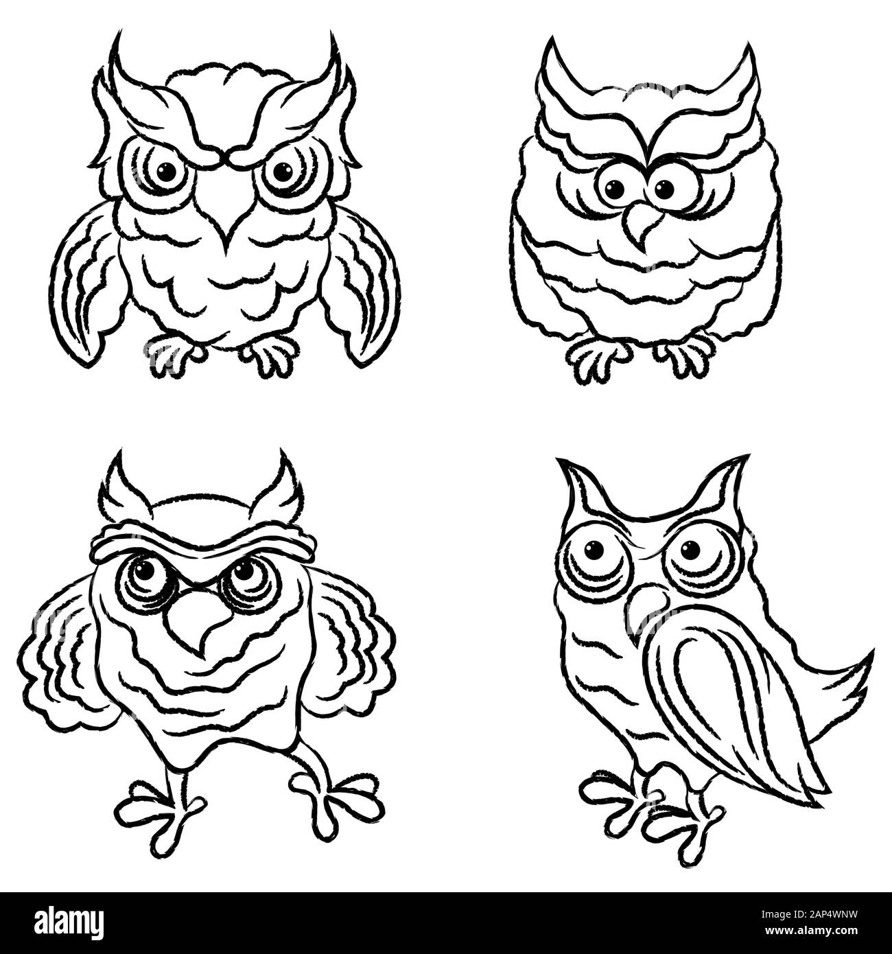 Set of four funny and amusing owls outlines isolated on the white background, hand drawing illustration Stock Vector