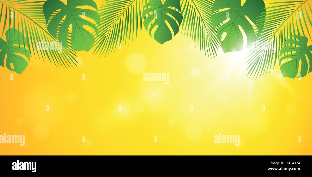 palm tree leaves on tropical yellow sunny summer background vector ...