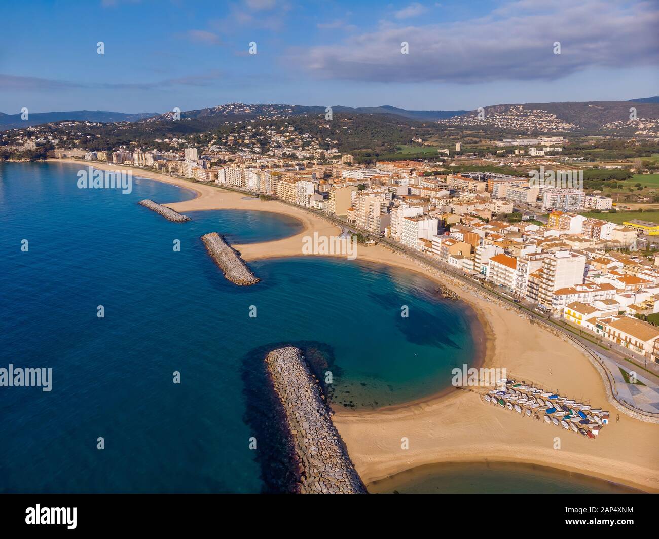 Aerial drone picture from small village Sant Antoni de Calonge from Spain, in Costa Brava Stock Photo