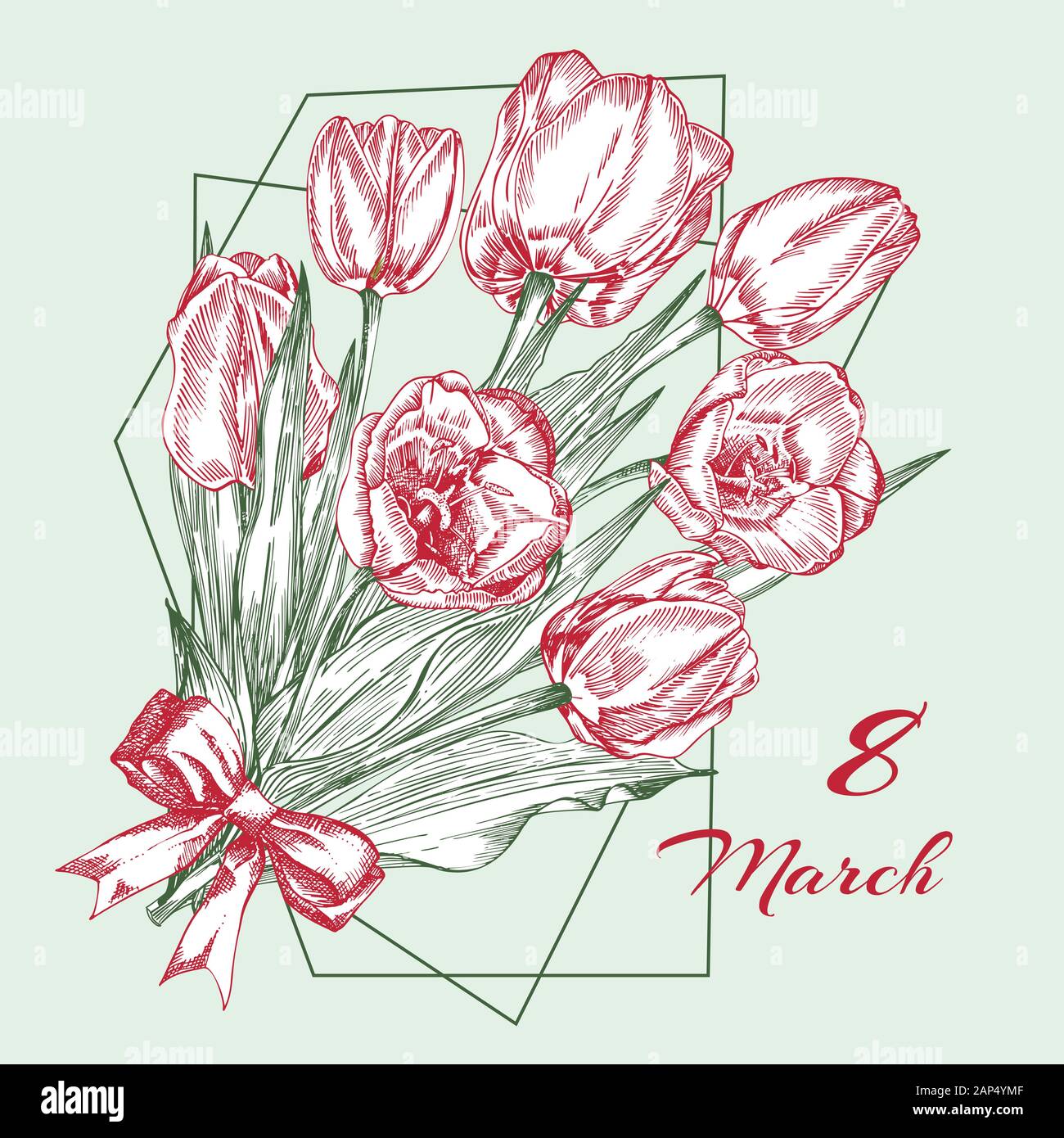 Greeting Card With Spring Flower Bouquet Of Tulips In Red And