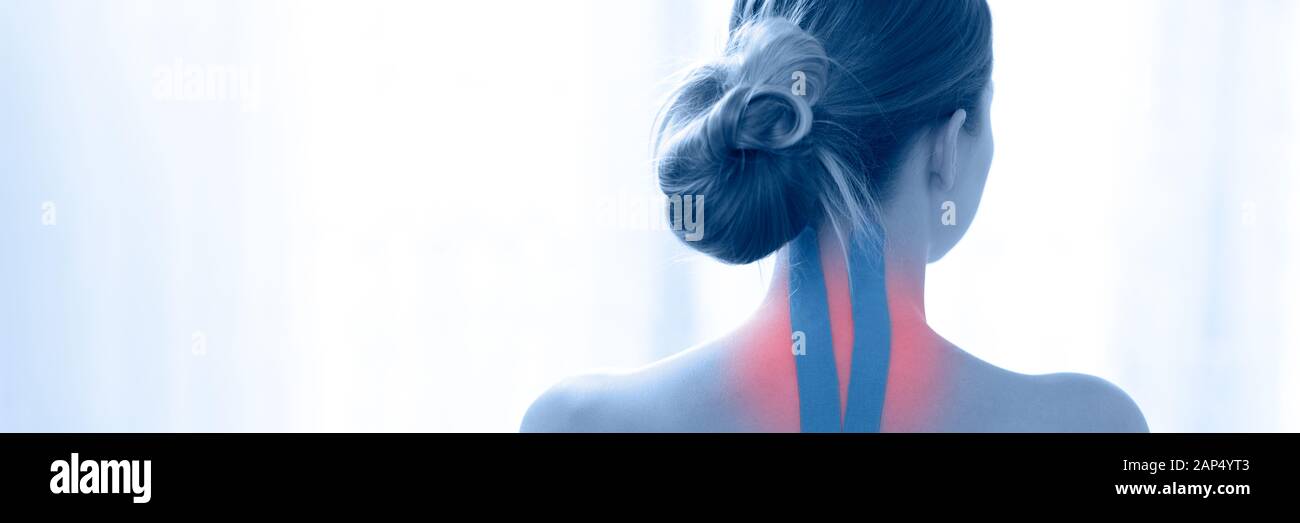Female Patient With Kinesio Tape On Her Neck Against White