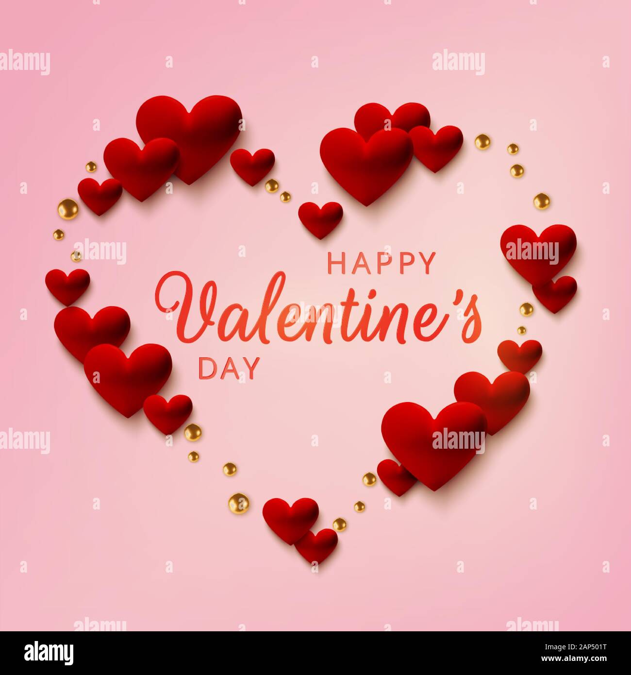 Happy Valentines Day greeting card. Realistic red 3d hearts on pink ...