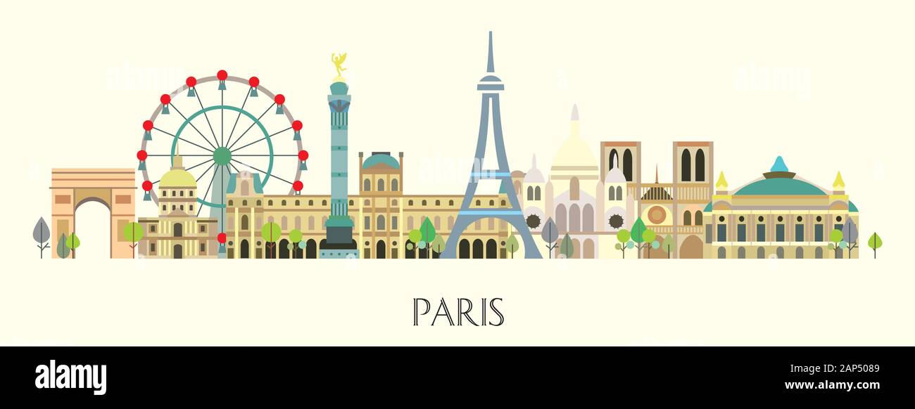 Panoramic Paris City Skyline. Colorful isolated vector illustration on beige background. Vector silhouette illustration of main landmarks of Paris,Fra Stock Vector