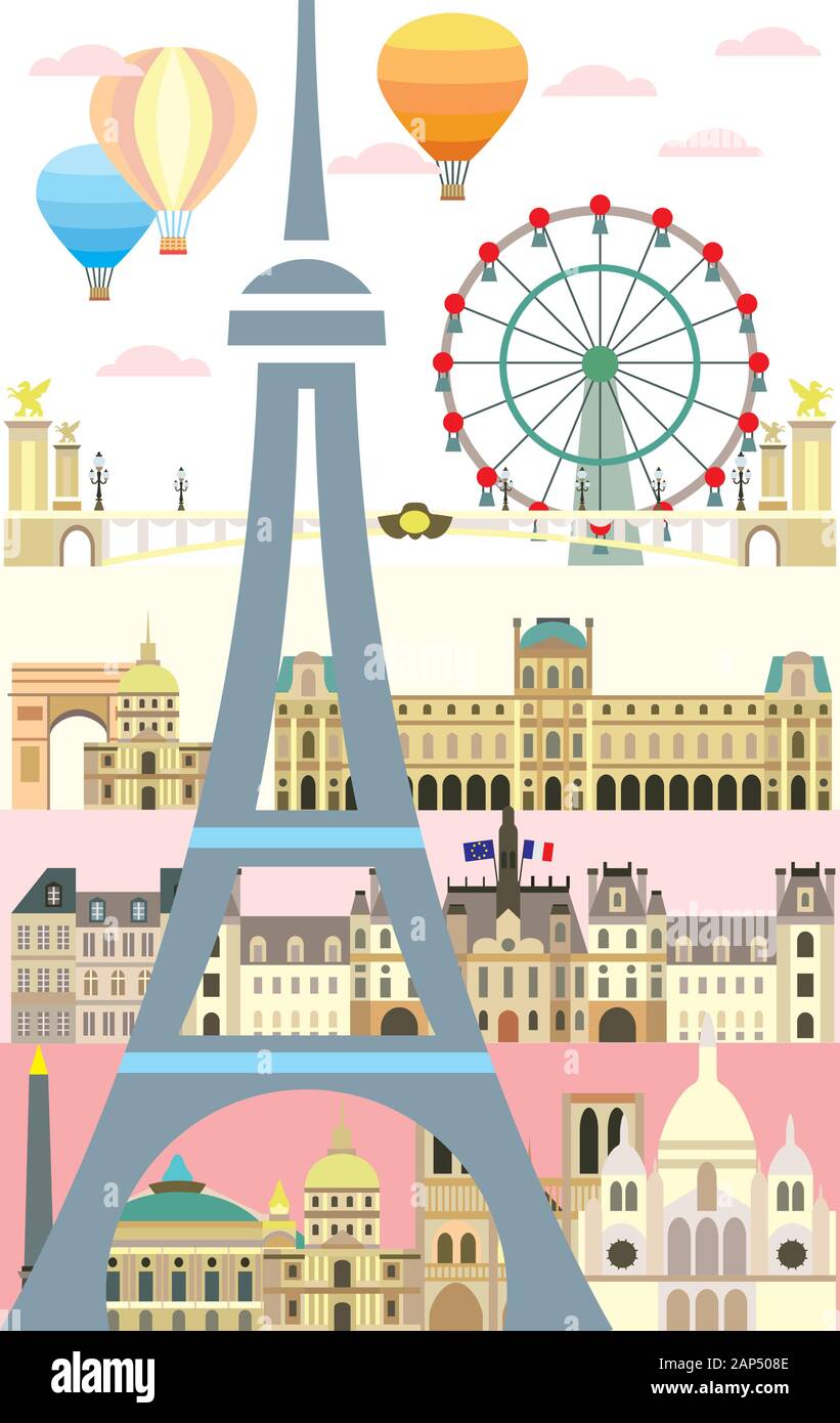 Vertical poster with Paris City Skyline. Colorful isolated vector illustration on pink background. Vector illustration of main landmarks of Paris, Fra Stock Vector