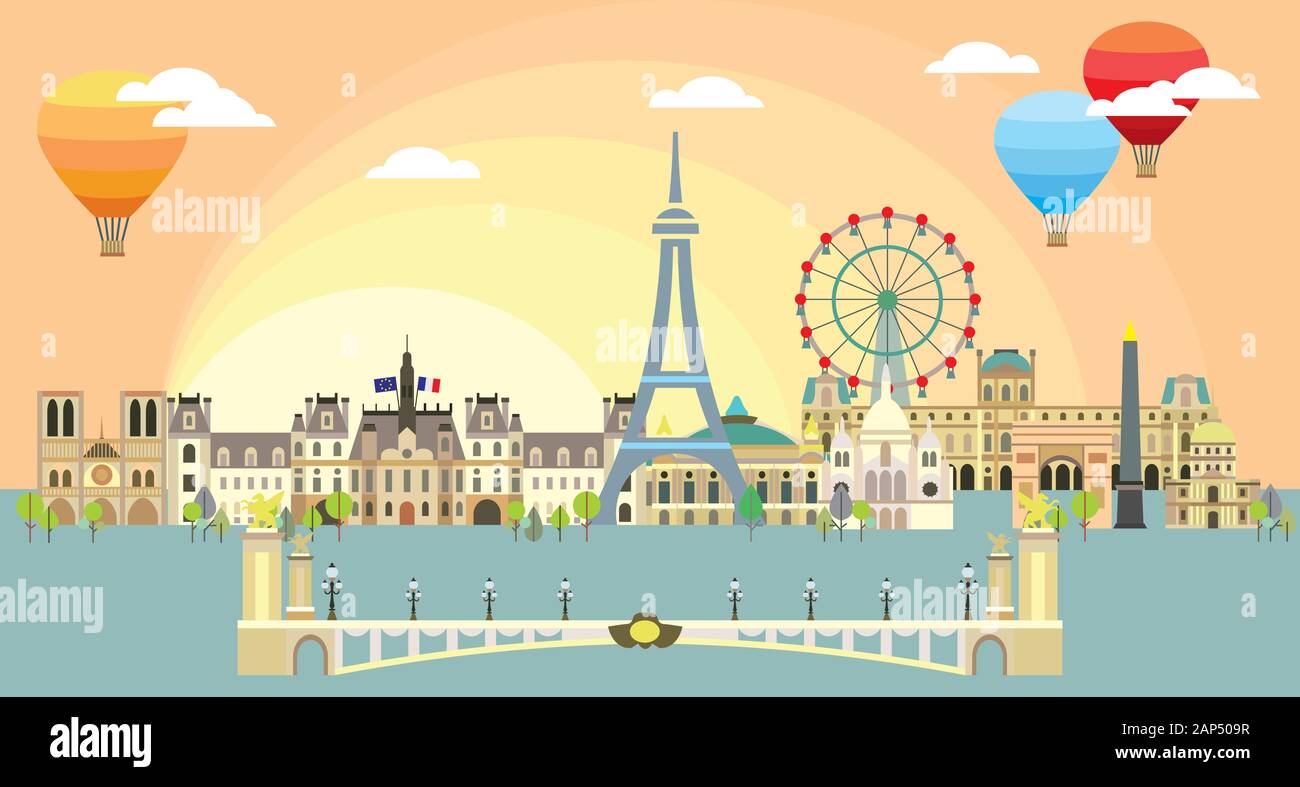 Paris City Skyline at sunset. Colorful isolated vector illustration. Vector illustration of main landmarks of Paris, France. Paris vector icon. Paris Stock Vector