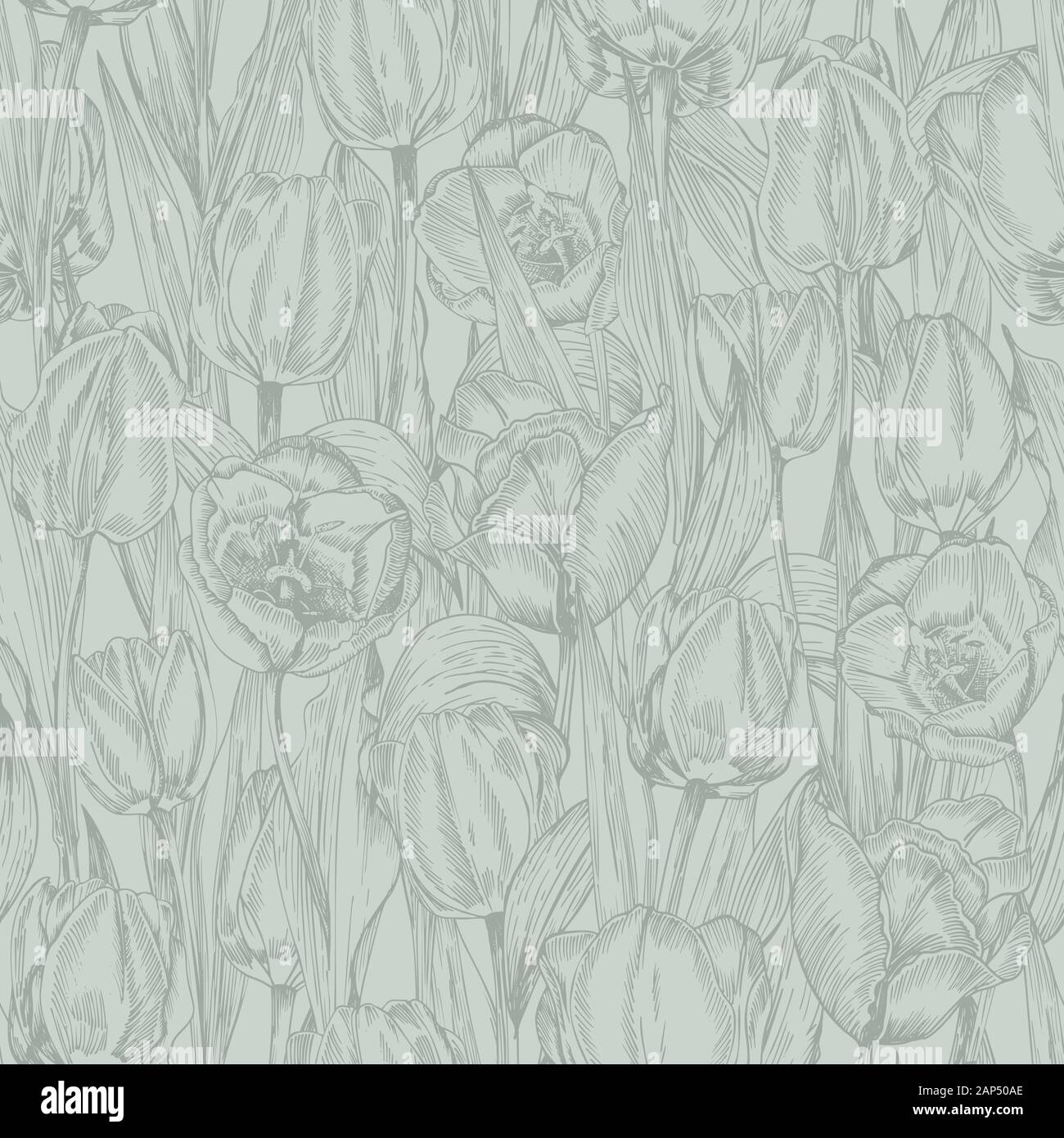 Greeting seamless with Spring flower tulips bouquet in gray green colors on blue background. Engraving drawing Vintage style Stock Vector