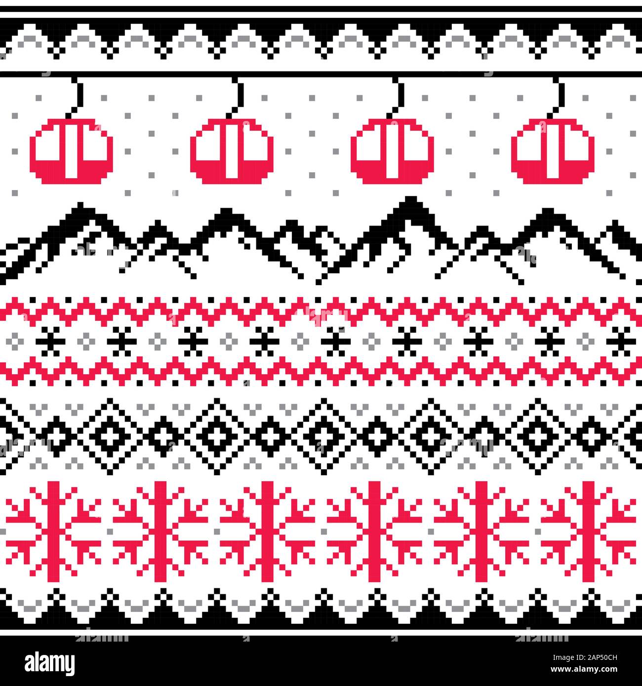 Winter sports in mountains, gondolas ski and snowboard vector seamless pattern -  Fair Isle style traditional knitwear Stock Vector
